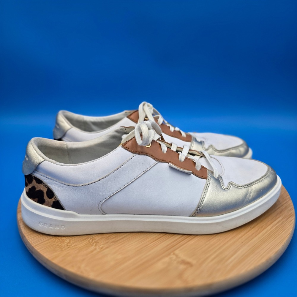 Cole Haan Grand White Leather Silver Leopard Accent Sneakers Shoes 10.5B